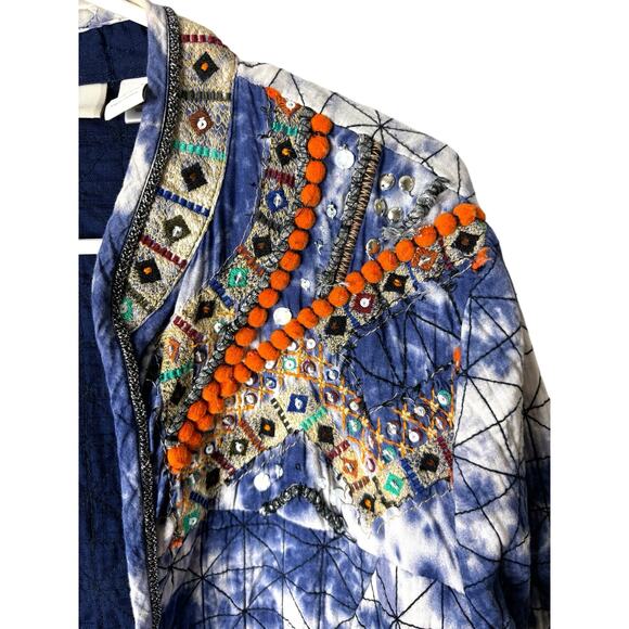 Chico's Indigo Moon Artisan Blue Tie Dye Quilted Open Jacket Embroidered Medium - Picture 3 of 13